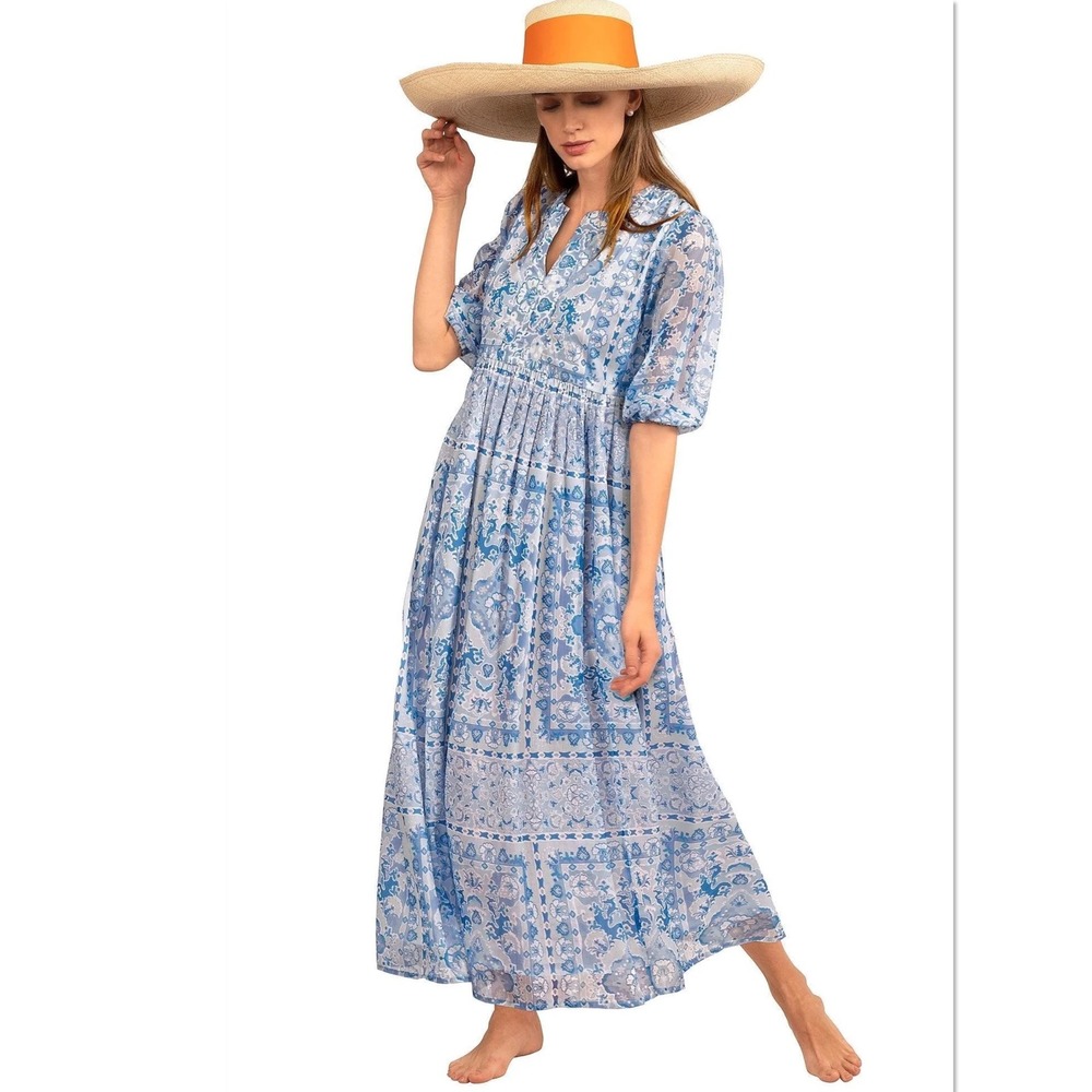 Gretchen Scott Borderline Watteau Maxi Dress Blue White Floral Resort M